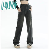 Lunivop Women’s Adjustable Button Design Jeans Street Style Vintage Casual Wide Leg Pants Female